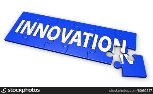 Business innovation concept with sign and word on a blue puzzle 3D illustration isolated on white background.
