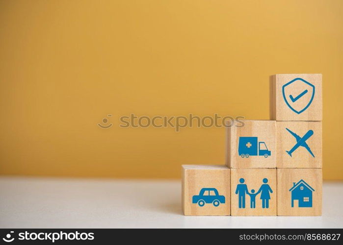 Business insurance online digital car home travel health care icon wood cube block on desk concept.