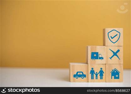 Business insurance online digital car home travel health care icon wood cube block on desk concept.