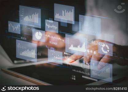 Business intelligence dashboard Big data diagram graph analysis and strategy virtual screen. Business analyzing economic and investment finance and marketing planning concept.