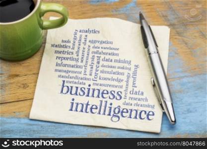 business intelligence word cloud - handwriting on a napkin with a cup of tea