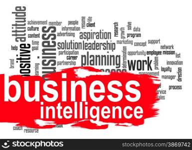 Business intelligence word cloud image with hi-res rendered artwork that could be used for any graphic design.. Business intelligence word cloud with red banner