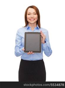 business, internet, advertisement and technology concept - smiling woman with black blank tablet pc computer screen