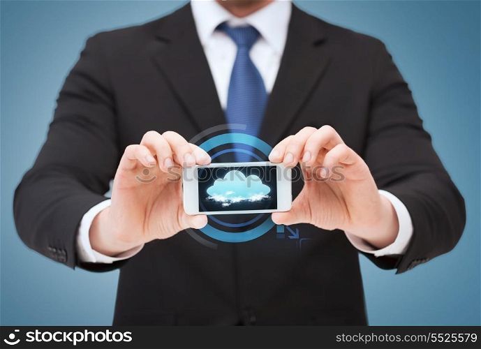business, internet and technology concept - businessman showing smartphone with cloud on screen