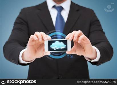 business, internet and technology concept - businessman showing smartphone with cloud on screen