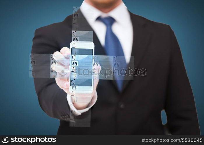 business, internet and technology concept - businessman showing smartphone with news on screen