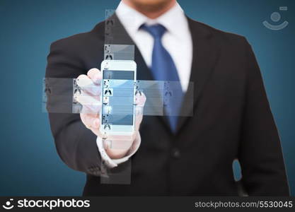 business, internet and technology concept - businessman showing smartphone with news on screen