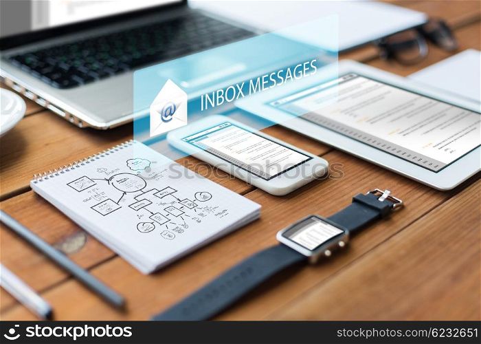 business, internet and technology concept - close up of laptop computer, tablet pc, notebook and smartphone with scheme and inbox messages on wooden table