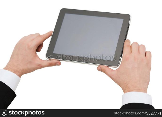 business, internet and technology concept - close up of man hands holding tablet pc
