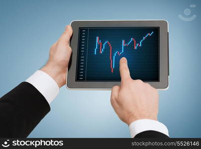 business, internet and technology concept - close up of man hands touching tablet pc