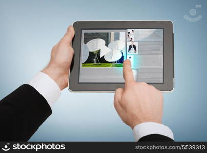 business, internet and technology concept - close up of man hands touching tablet pc