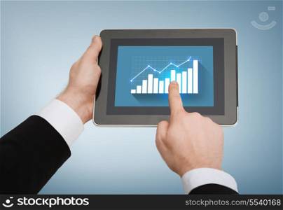 business, internet and technology concept - close up of man hands touching tablet pc