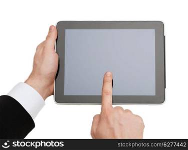 business, internet and technology concept - close up of man hands touching tablet pc