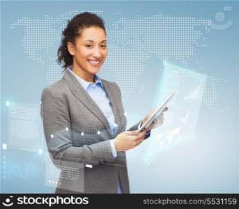 business, internet and technology concept - smiling african-american woman looking at tablet pc computer
