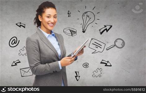 business, internet and technology concept - smiling african-american woman looking at tablet pc computer