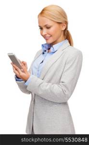 business, internet and technology concept - smiling woman looking at smartphone