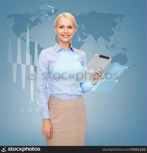 business, internet and technology concept - smiling woman looking at tablet pc computer and world map on the back