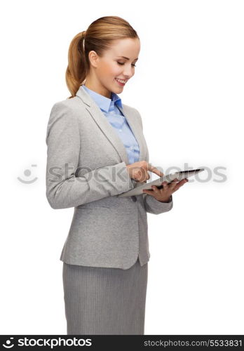 business, internet and technology concept - smiling woman looking at tablet pc computer