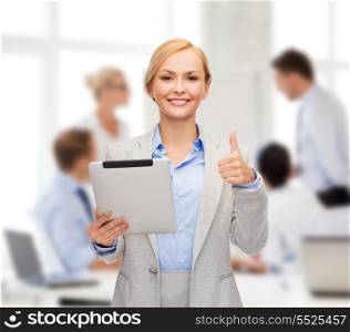 business, internet and technology concept - smiling woman with tablet pc computer showing thumbs up at office