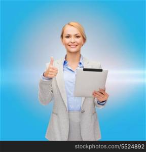 business, internet and technology concept - smiling woman with tablet pc computer showing thumbs up