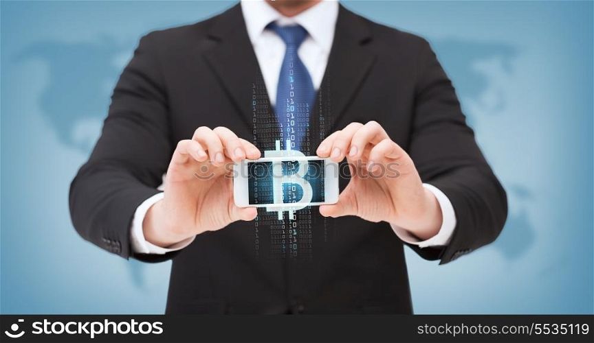 business, internet, money and technology concept - businessman showing smartphone with bitcoin on screen