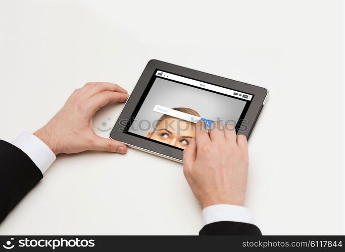 business, internet, people and technology concept - close up of man hands with web browser search bar on tablet pc computer screen