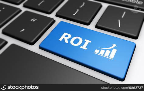 Business investment concept with ROI sign and growing graph icon on a blue computer key 3D illustration.