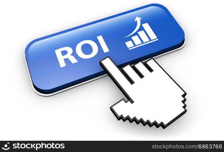 Business investment concept with ROI sign and growing graph icon on a blue web button 3D illustration.