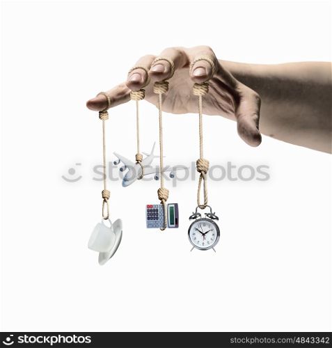 Business items. Close up of human hand with business items
