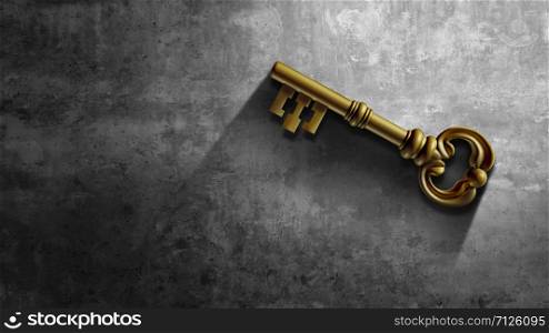 Business key as a golden security symbol and access icon for opportunity with text area as a 3D illustration.