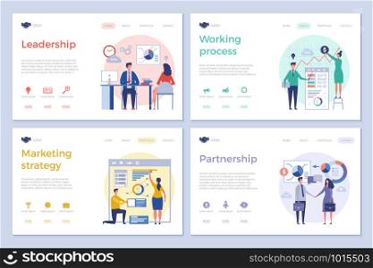 Business landing pages. Web design ui template clean design pictures businessmen office managers directors team work vector pictures. Illustration of people process working and marketing strategy. Business landing pages. Web design ui template clean design pictures businessmen office managers directors team work vector pictures