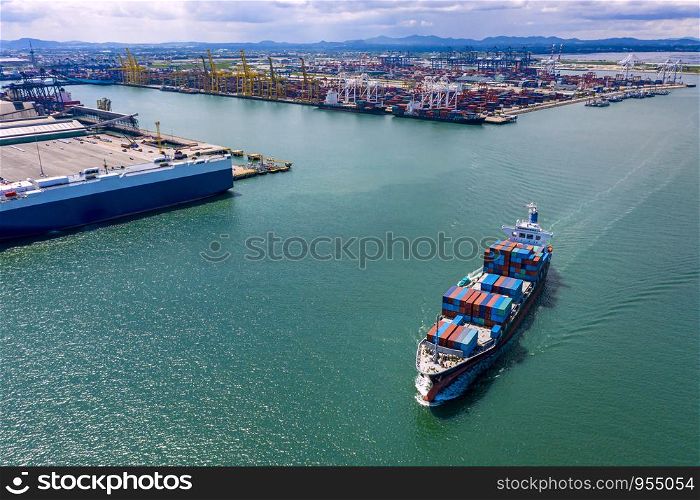 business large cargo containers ship logistics transportation international export and import services by the sea and shipping port background aerial view