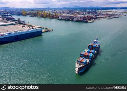 business large cargo containers ship logistics transportation international export and import services by the sea and shipping port background aerial view