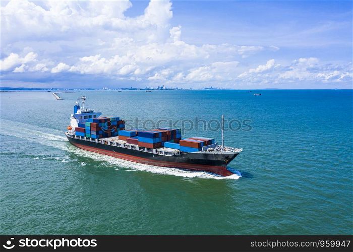 business large cargo containers ship logistics transportation international export and import services by the sea and white clouds and sky background aerial view