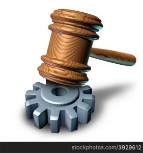 Business law concept with a judge mallet or judges wooden gavel hammering a metal gear or cog wheel as a metaphor for corporate regulations and legal lawyer or attorney guidance for companies.
