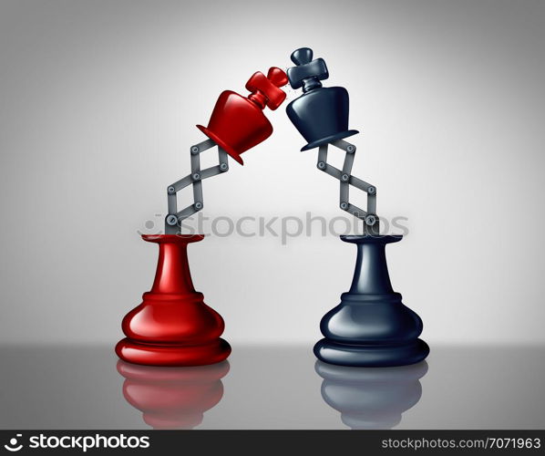 Business leadership competition as opponent enemies in a battle as a strategy concept with two chess king figures fighting as a 3D illustratiomn.