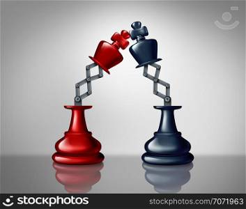 Business leadership competition as opponent enemies in a battle as a strategy concept with two chess king figures fighting as a 3D illustratiomn.