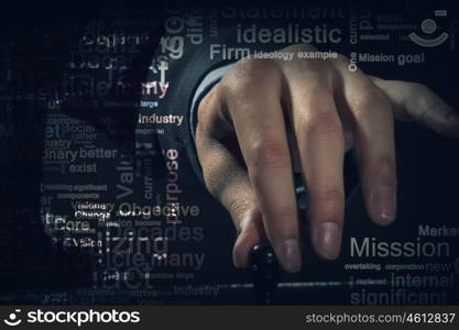 Business leadership strategy. Close up of man hand making chess move on dark background