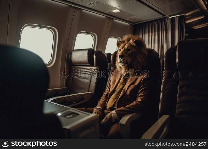 Business lion wearing suit sitting business class in the airplane seat by the window , Generative Ai