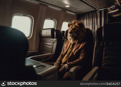 Business lion wearing suit sitting business class in the airplane seat by the window , Generative Ai