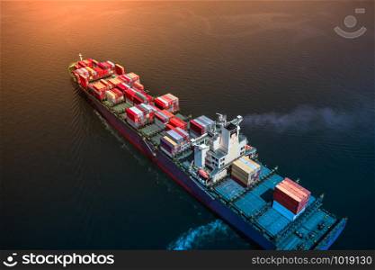 business logistics shipping cargo containers transportation the sea flights import and export international and orange light background aerial view