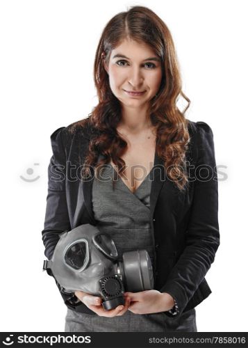 Business looking young adult woman posing with a personal gas mask on her lap - white background