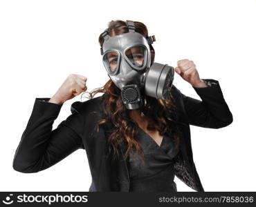 Business looking young adult woman wearing a personal gas mask and she raise arms and fists up - white background