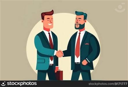 Business making concept with people scene in flat cartoon design. Businessmen make bargain deal and shake hands, partnership and cooperation. Illustration.. Business making concept with people scene in flat cartoon design. Businessmen make bargain deal and shake hands.