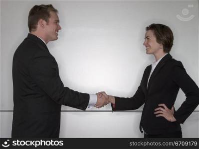 Business man and business woman shaking hands