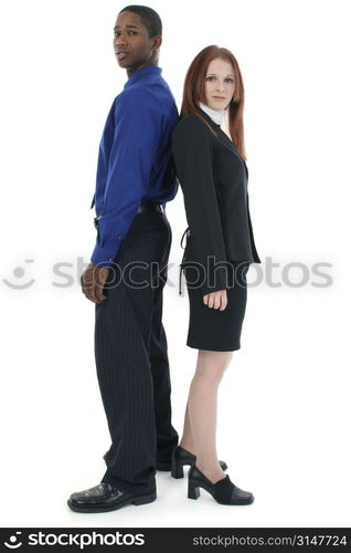 Business man and woman standing back to back.