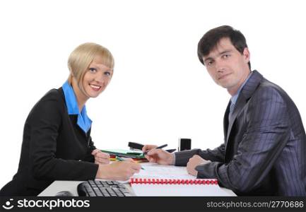 Business man and woman when signing documents. Isolated on white