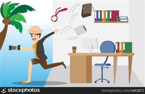 Business man are very happy, running out of his office and changing clothes into a set for tourism. Man in suit running from office to the beach. Escape. Going on vacation. vector illustration.