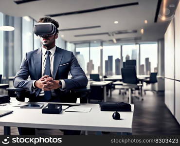 Business Man Behind Desk in Office Using a Virtual Reality Headset, created with Generative AI technology