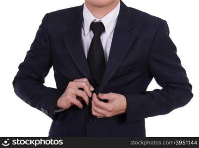 business man button his jacket isolated on white background